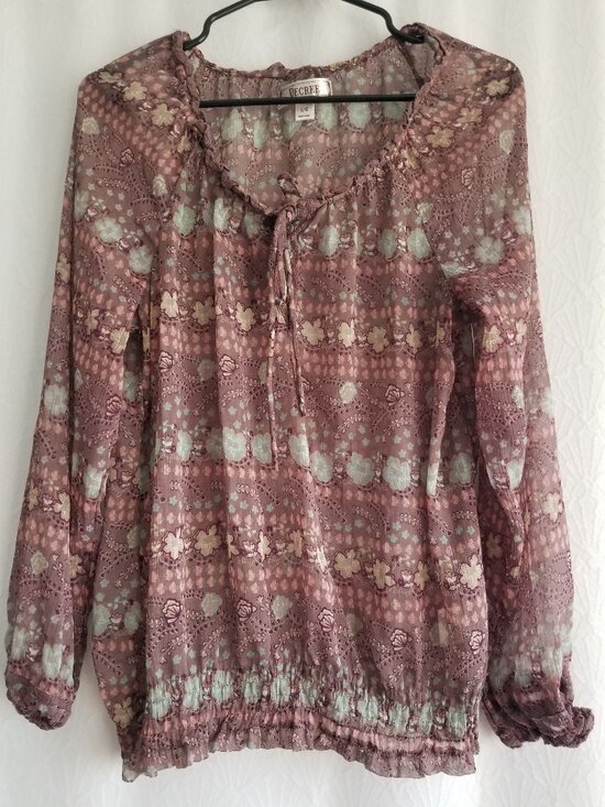 Decree Tops - Decree Plum Floral Sheer Long Sleeve Peasant Blouse Large